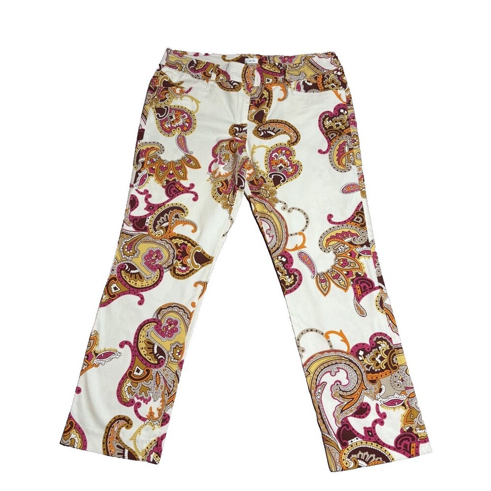Cache Womens Straight Cropped Pants White Multicolor Paisley-print Trouser Sz 10
